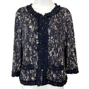 Chicos Intrigue Demi Cardigan Sweater Indigo Beaded Ruffle Trim Med